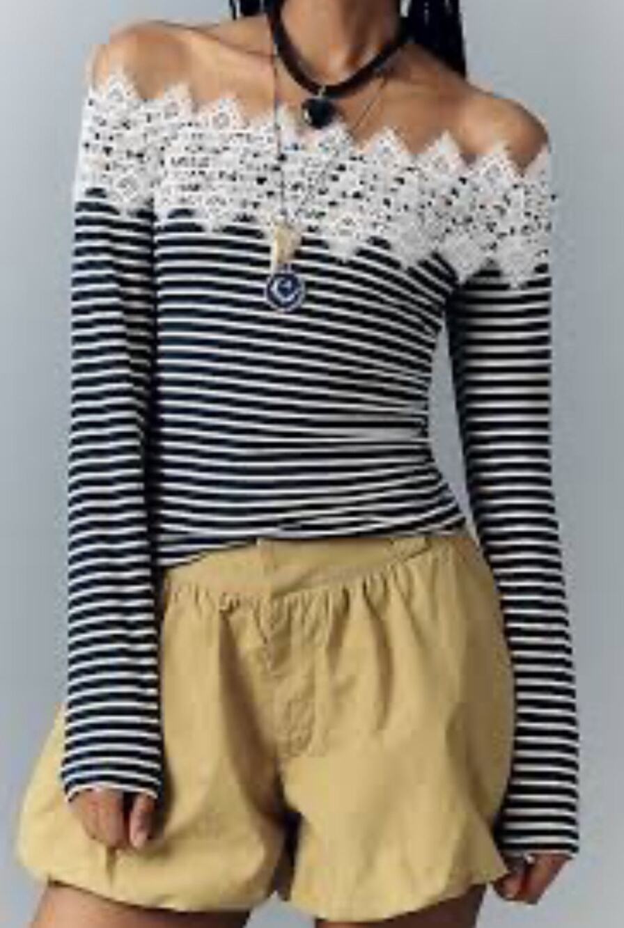 Anthropologie Maeve Off-Shoulder Long-Sleeve Lace Tee Navy Large Parisian chic
